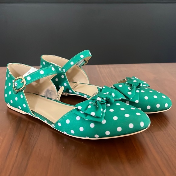 Janie and Jack, DOT BOW FLATS, green and white, size 3 - Picture 1 of 7